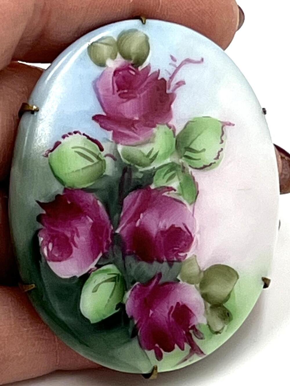 Antique Victorian Brooch C-Clasp Hand Painted Rose Porcelain